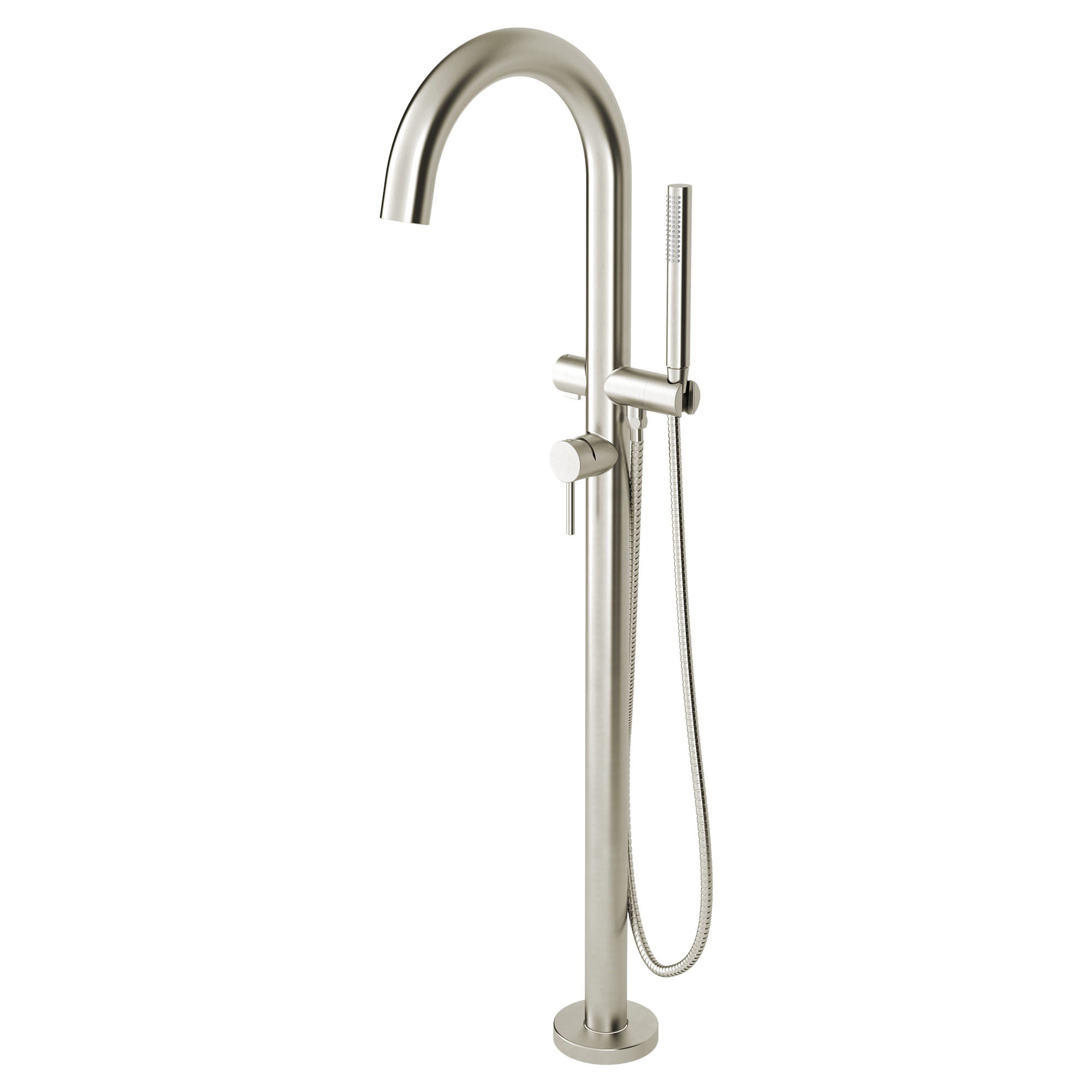 Contemporary Round Freestanding Tub Faucet with Personal Shower for Flash Rough in Valve with Lever Handle   BRUSHED NICKEL